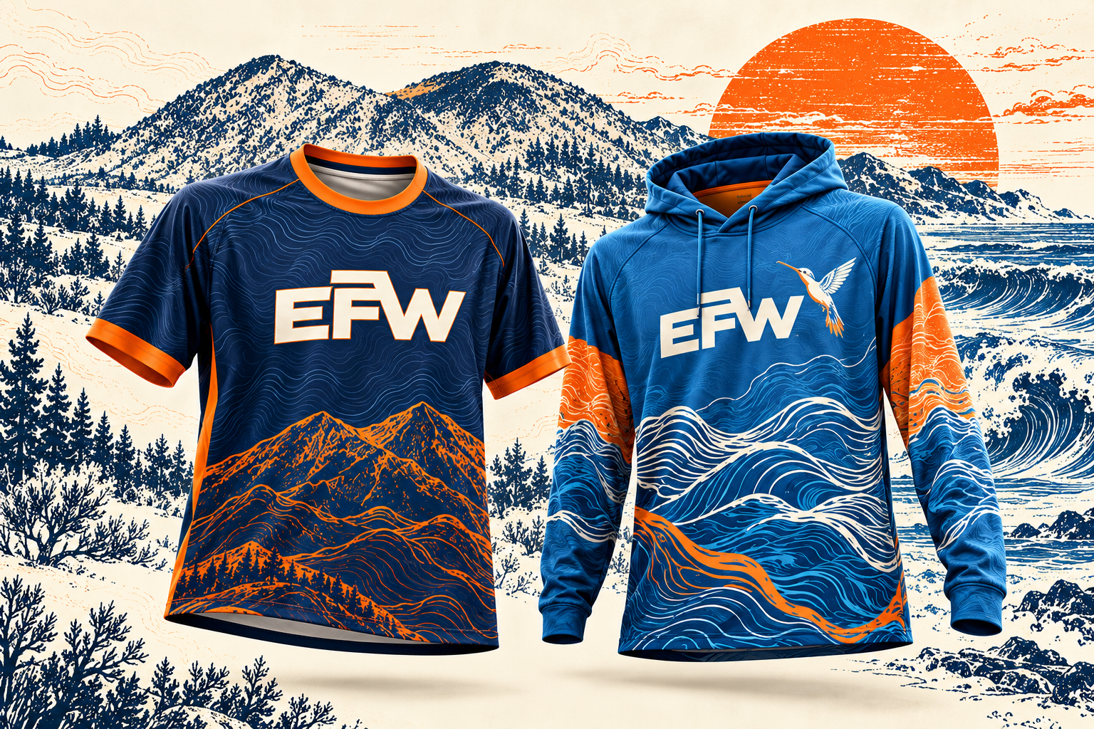 EFW navy and orange Saddle Mountain jersey beside a blue coastal hooded tee with flowing waves and a hummingbird